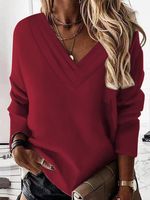 Casual Loose V Neck Plain Sweatshirt - thumbnail