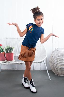 B.Nosy Meisjes t-shirt geborduurde bloem en knoop - Space blauw