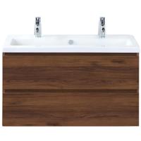 Vogue Badmeubelset 100 cm - Greeplijst in Kleur - Walnoot - Keramische Wastafel Wit 2 Kraangaten