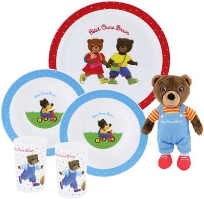 Serviesset - FUN HOUSE - LITTLE BROWN BEAR - Dinerbord Ø 22 cm, 2 soepborden Ø 16 cm, 2 glazen 220 ml en knuffel 18 cm