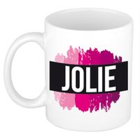 Naam cadeau mok / beker Jolie  met roze verfstrepen 300 ml   -