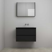 On-Line Badkamermeubelset - 80 cm - Voorgemonteerd - Ladestructuur - Acryl Wastafel - zonder Kraangat - Spiegelkast - Mat Zwart