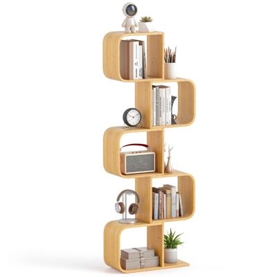 S-vormige Boekenplank Bamboe Staande Rek met 5 Niveaus Cube Rek Bureau Rek Natuur