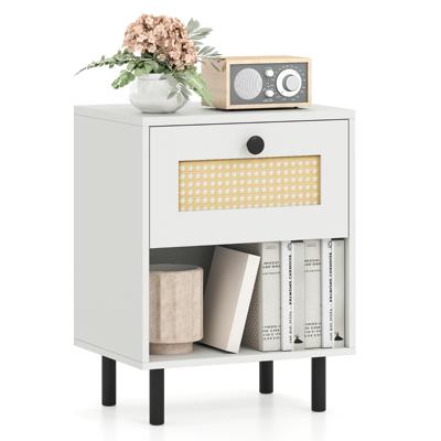 Rieten Nachttafels met Lade en Open Plank Bohemien Bijzettafel met Metalen Poten Moderne Bijzettafel 40 x 30 x 52 cm-1 stuk