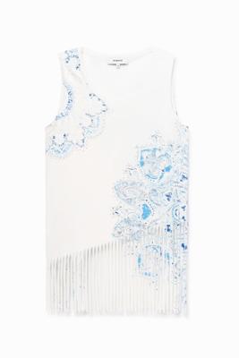 Gebloemd T-shirt met franjes - WHITE - XL