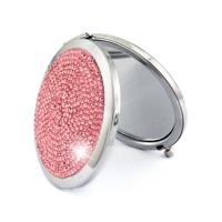 Diamant-ingelegde metalen dubbele kant vouwen mini draagbare ronde kleine make-up spiegel (roze)