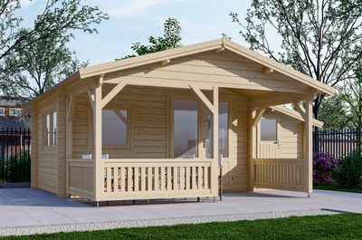 Blokhut 440x340 cm + voorluifel 200 cm + zijaanbouw 150 cm - geïmpregneerd- Zadeldak- Geïmpregneerd vurenhout- Interflex