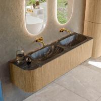 Badmeubel Mondiaz Kurve-Dlux | 165 cm | Meubelkleur Oak | Wastafelkleur Lava | Solid surface | Dubbele spoelbak | Zonder kraangat(en)