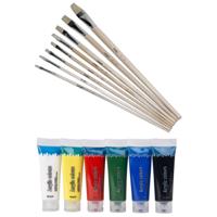 Set van 6 tubes acryl/hobby verf - met 8 schilder penselen - in verschilende diktes - schilderen