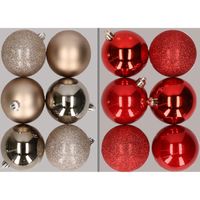 12x stuks kunststof kerstballen mix van champagne en rood 8 cm - thumbnail