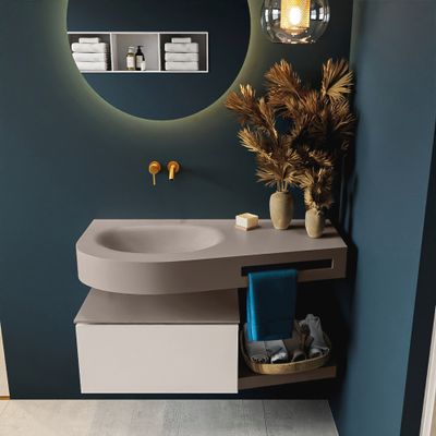 MONDIAZ RIVA 100cm badmeubel onderkast / planchet kleur Linen met 1 lade. Wastafel DULCET links 0 kraangaten kleur Smoke. MONDIAZ RIVA 100cm badmeubel onderkast / planchet kleur Linen met 1 lade. Wastafel DULCET links 0 kraangaten kleur Smoke.