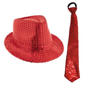 Carnaval verkleed setje - glitter hoedje en stropdas - rood - volwassenen - met pailletten