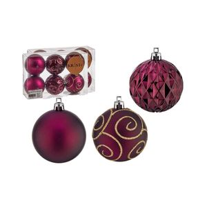 Gedecoreerde kerstballen - 18x stuks - wijn rood - kunststof - 6 cm