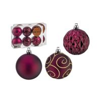 Gedecoreerde kerstballen - 18x stuks - wijn rood - kunststof - 6 cm