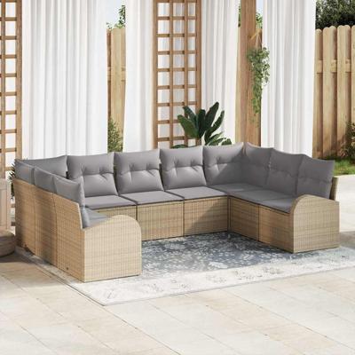 Tuinbankenset met kussen 9 pcs Beige en Licht Grijs poly rattan