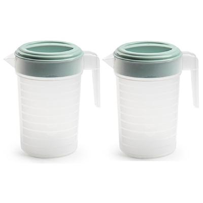 Schenkkan/waterkan met deksel - 2x stuks - 1 liter - mintgroen/ transparant - kunststof