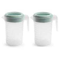 Schenkkan/waterkan met deksel - 2x stuks - 1 liter - mintgroen/ transparant - kunststof
