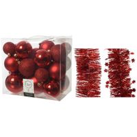 Kerstversiering kunststof kerstballen 6-8-10 cm met folieslingers pakket rood van 28x stuks