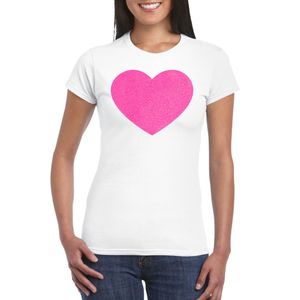 Bellatio Decorations Verkleed T-shirt voor dames - hart - wit - roze glitter - carnaval/themafeest 2XL  -