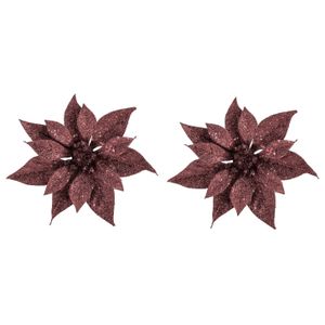 2x stuks decoratie bloemen kerstster donkerrood glitter op clip 18 cm