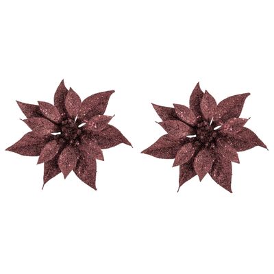 2x stuks decoratie bloemen kerstster donkerrood glitter op clip 18 cm