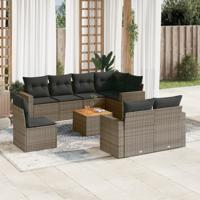 9-delige Loungeset met kussens poly rattan grijs