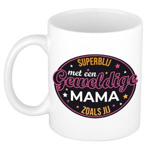 Superblij met mama cadeau mok / beker wit - kado Moederdag / verjaardag - feest mokken