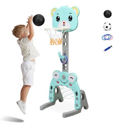 3-In-1 Basketbalring-Standaard Verstelbare Basketbalstand met Score Voetbaldoel Ringgooi-Speelset Basketbal en Voetbal Schattige Beer