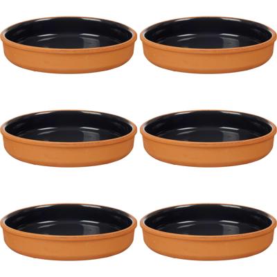 Tapas serveerschaal - 6x stuks - terracotta - zwart - D23 x H4 cm - hapjes serveren - ovenschaal - r