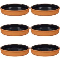 Tapas serveerschaal - 6x stuks - terracotta - zwart - D23 x H4 cm - hapjes serveren - ovenschaal - r