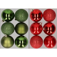 12x stuks kunststof kerstballen mix van appelgroen en rood 8 cm   -