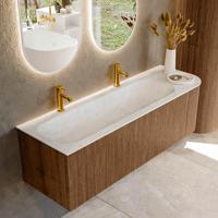 Mondiaz KURVE-DLUX 145 cm Onderkast Greeploos 1 Lade Met Deuren Walnut, Wastafel Solid Surface Links Opalo 2 Kraangaten Zonder Spiegel (KRVBGL145R1L1D2KL-Wal/Opa)