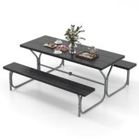 183 cm Picknicktafel en Bank Set Buiten Tafel en 2 Banken voor 8 Personen Weerbestendig Blad Gat voor Parasol voor Terras Tuin Zwart