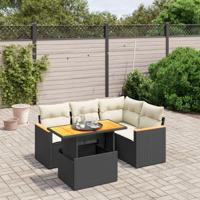 5-delige Loungeset met kussens poly rattan zwart