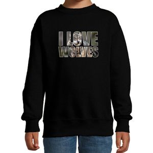 Tekst sweater I love wolves met dieren foto van een wolf zwart voor kinderen