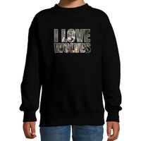 Tekst sweater I love wolves met dieren foto van een wolf zwart voor kinderen - thumbnail