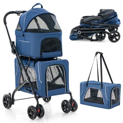 Dubbele Kinderwagen voor Huisdieren 3-In-1 Opvouwbare Kinderwagen voor 2 Honden of Katten met 2 Afneembare Dragers Blauw