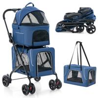 Dubbele Kinderwagen voor Huisdieren 3-In-1 Opvouwbare Kinderwagen voor 2 Honden of Katten met 2 Afneembare Dragers Blauw