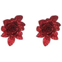 2x Kerstboomversiering bloem op clip rode glitter roos 15 cm - thumbnail