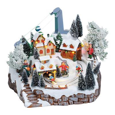 Winterscene kabelbaan met licht, muziek, bewegende kabelbaan, skiërs van poly 24x25x23cm