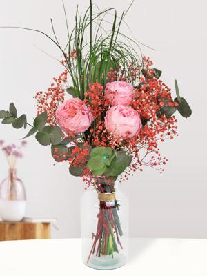 Roze-rood long life boeket inclusief vaasje | 30 cm