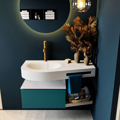 MONDIAZ RIVA 100cm badmeubel onderkast / planchet kleur Smag met 1 lade. Wastafel DULCET links 1 kraangat kleur Talc. MONDIAZ RIVA 100cm badmeubel onderkast / planchet kleur Smag met 1 lade. Wastafel DULCET links 1 kraangat kleur Talc.