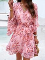 V Neck Casual Floral Dress With No