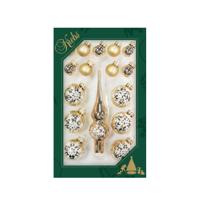 Mini kerstballen en piek set - 16-dlg - goudkleurig - glas - voor mini kerstboom - kerstversiering