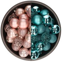 74x stuks kunststof kerstballen mix van lichtroze en turquoise blauw 6 cm