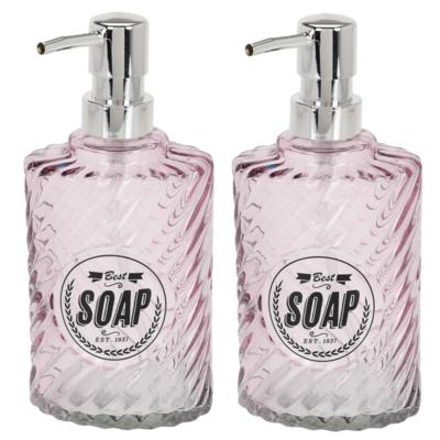 Items Zeeppompje/dispenser - 2x - 17 cm - glas - roze - 300 ml - navulbaar - toilet/badkamer/keuken