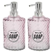 Items Zeeppompje/dispenser - 2x - 17 cm - glas - roze - 300 ml - navulbaar - toilet/badkamer/keuken