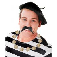 Carnaval verkleed set compleet - Fransman baret met plaksnor - en knoflook ketting - volwassenen - thumbnail