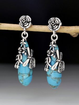 Vintage Casual Turkoois Bloemen Libel oorbellen