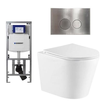 QeramiQ Dely Toiletset - 36.3x51.7cm - diepspoel - rimless - Geberit UP320 Burda inbouwreservoir - softclose toiletzitting - steel bedieningsplaat - ronde knoppen - wit glans SW543431/0701131/SW706194